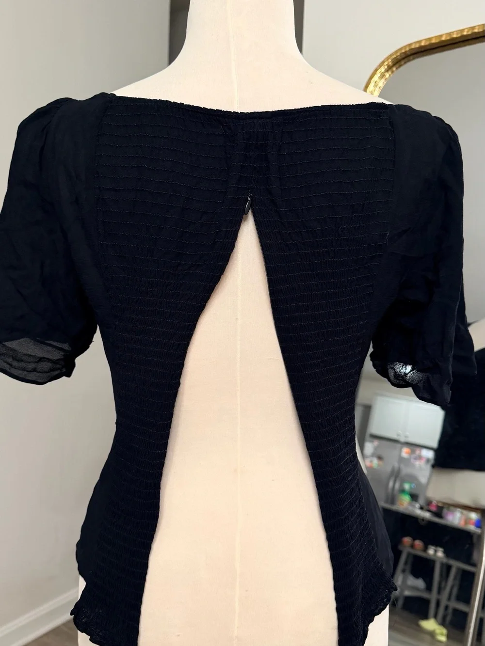 Reformation Black Square Neck Puff Sleeve Blouse